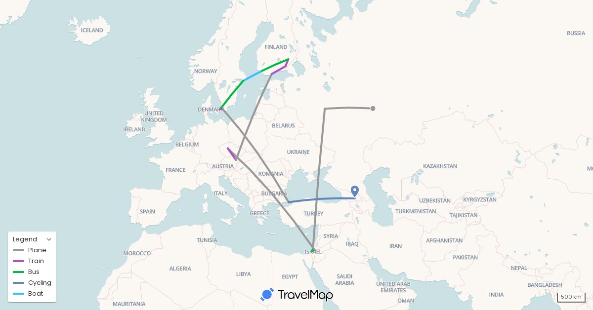 TravelMap itinerary: driving, bus, plane, cycling, train, boat in Austria, Czech Republic, Denmark, Finland, Georgia, Israel, Palestinian Territories, Russia, Sweden, Turkey (Asia, Europe)